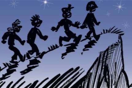 Vier gezeichnete Männchen laufen einen Berg hinauf